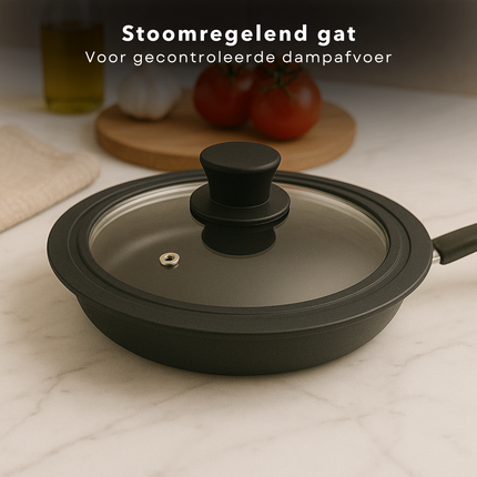 Cheqo® Universeel Glazen Pannendeksel - 24-28 cm - Siliconen Rand - Stoomgat - Warmtebestendig