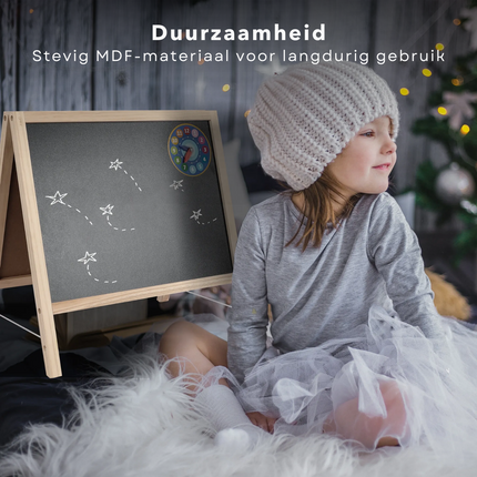 Cheqo® Dubbelzijdig Schoolbord met Houten Stand - Krijt- en Magnetisch Tekenbordje met Accessoires - 22.5x22.5 cm - Tekenbord - Krijtbord - Whiteboard