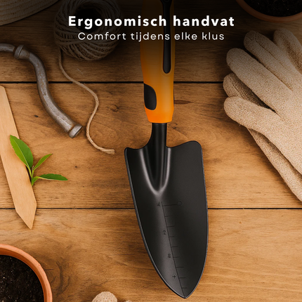 Cheqo® Tuinschep met Maataanduiding – Stevig Tuinschepje – Handschep – Ergonomisch Handvat – Tuinieren Schep – Duurzaam Tuingereedschap – Voor Planten Aanplanten & Grond Beluchten