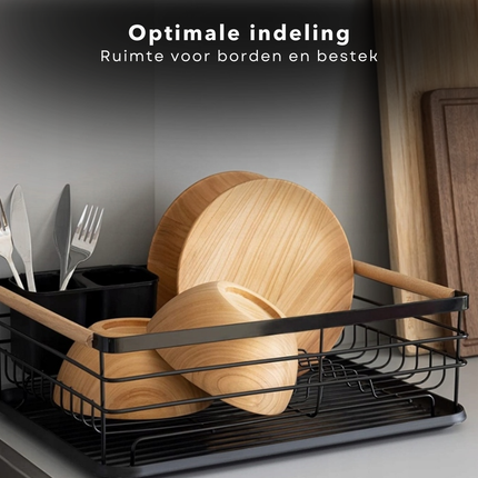 Cheqo® Metalen Afwasrek - Afdruiprek - Vaatdroger - Zwart - Vaatwasrek - Keukenrek - Met Lekbak en Bestekhouder