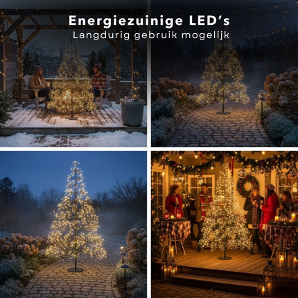 Cheqo® LED Kerstboom - Verlichte Kerstboom - Kerstverlichting Buiten - Lichtboom Tuin - Warm Wit Licht - Boom met LED-Lampjes - IP44 - Spatwaterdicht - Kerstboom Verlichting - Tuinverlichting Kerst - Zwart Frame - 150 cm