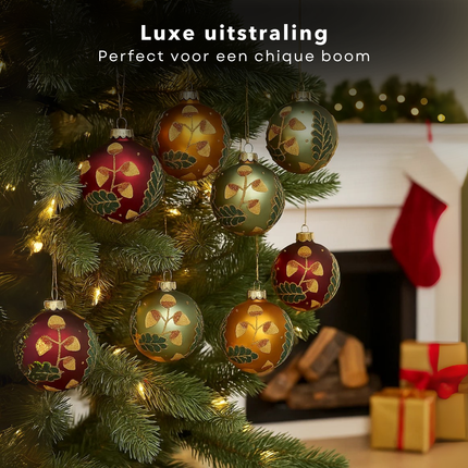 Cheqo® Glazen Kerstballen - Set van 12 - Mat Kerstballen - 8 CM Diameter - Rood Groen Goud - Kerstboomversiering - Kerstversiering - Goudkleurig Kapje - Rode Kerstballen Set