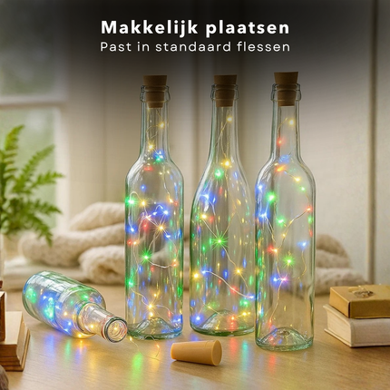 Cheqo® LED Kurk Flessenverlichting - Multicolor LED Lampjes - Lichtsnoer Op Batterijen - Decoratieve Flesverlichting - IP44 - Kurk Met Lichtsnoer - Sfeerverlichting Voor Flessen - Feestverlichting LED - 8 LED Lampjes