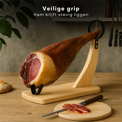 Cheqo® Spaanse Hamhouder - Geschikt voor 4 tot 9 KG - Grenen Hout en Metaal - Spaanse Ham Accessoires - Serrano Hamhouder - Hamhouder voor Keuken - Hamhouder voor Vlees - Hamhouder voor Paleta Curada