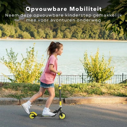 Cheqo® Kinderstep Zwart / Lime - Verstelbare Hoogte - Met Voetrem - PP Wielen - Aluminium Stuur - Draagvermogen van 50 KG - Step - Jongens/Meisjes - Veilig en Stabiel - Cadeau Voor Kinderen - Speelgoed - Verhoogd Coördinatie & Balans - Opvouwbaar Kinderstepjes