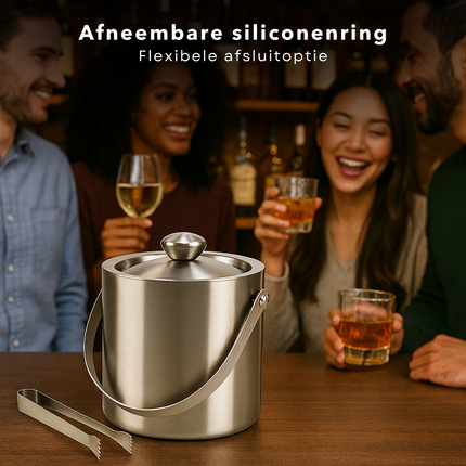 Cheqo® Dubbelwandige IJsemmer - IJsemmer Met Tang - Roestvrijstaal IJsemmer - IJsemmer Met Deksel - Thuisbar Accessoire - Feestjes IJsemmer - Siliconen Rand Deksel - IJsblokjesemmer - 15 cm Diameter - 18 cm Hoogte - Zilveren IJsemmer