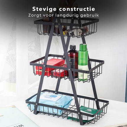 Cheqo® Fruitrek - Fruitmand - Fruitschaal - Keukenorganizer - Aanrecht Organizer - Keuken Bureau Organizers – Aardappelbak - Drie Lagen - Keukenopslag - 47 cm - Metaal en Hout