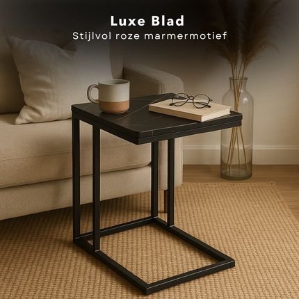 Cheqo® Bijzettafel - Bedtafel - Laptoptafel - Banktafel - Bijzettafeltje - Salontafel - Bijzet Tafel - Metaal - Marmeren MDF Tafelblad - Kleine Moderne Tafel - Zwart