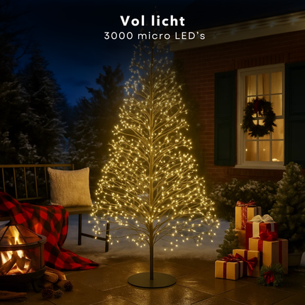 Cheqo® Outdoor Lichtboom - Kerstverlichting Buiten - Micro LED-Lampjes - Warm Wit Licht - IP44 Spatwaterdicht - Zwarte Metalen Frame - 210 CM Hoogte - Tuinverlichting Kerst - Kerstboom Vorm