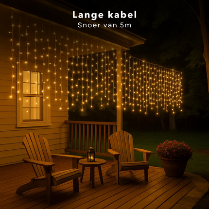 Cheqo® LED Gordijnverlichting - 240 LED Lampjes - 200x150 cm - Kerstverlichting - Binnen En Buiten - Transparant Snoer - IP-44 Adapter - 12 Functies Controller - Geheugenfunctie - 16 Strengen - 150 cm Lang - Wit Licht - 5 Meter Aansluitsnoer