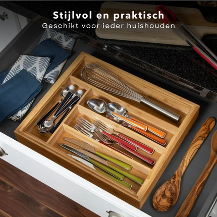 Cheqo® Verstelbare Besteklade - Flexibele Bestekorganizer -  Uitschuifbare Bestekbak - 34-56 cm - Vakindeling - Duurzaam Bamboe  - Besteklade - 5 tot 7 Vakken - Bestekcassette Bestekbakken