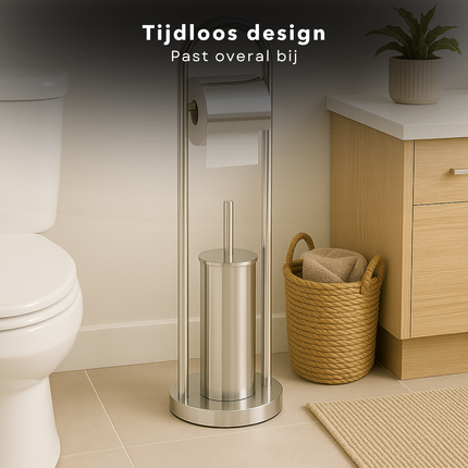 Cheqo® Vrijstaande Toiletbutler - Vrijstaand Toilet Butler - Zilver RVS - Touletborstel met Houder - WC Rol Houder - Rolhouder - Moderne Toiletaccessoires - 80 cm Hoog - Stijlvol en Duurzaam