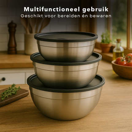 Cheqo® RVS Mengkommen Set - Mixkom - Beslagkommen Set - Mengkom Set - Beslagkom Stapelbaar en Met Deksel - 3-delig - RVS