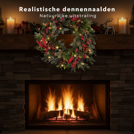 Cheqo® Kerstkrans Rood - Ø50 cm - Traditionele Kerstkleuren - Groene Dennennaaldjes - Rode Besjes - Bruine Dennenappels - Witte Afwerking - Licht Besneeuwd Effect - Eenvoudige Ophanging - Kerst Krans - Deurkrans