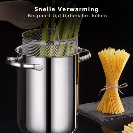 Cheqo® RVS Aspergepan - Pastakoker - Pan voor Asperges en Pasta - Met Glazen Deksel - Grote Kookpan 4.2L - Alle Warmtebronnen - Ook voor Inductie