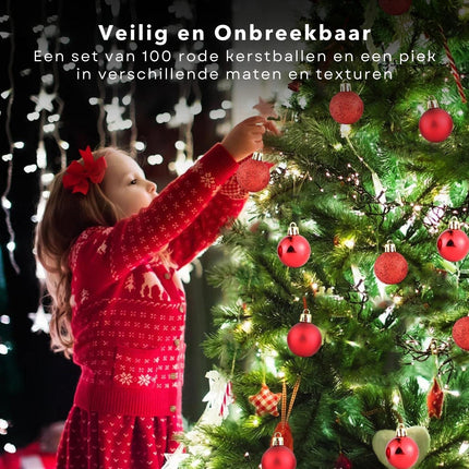 Cheqo® Luxe XL Rode Kerstballen Set - 101 Stuks - Met Piek - Onbreekbaar Kunststof - Kerstboomversiering - Kerstversiering - Verschillende Formaten & Designs - Kerstboom - Kerstdecoratie - Christmas - Met Ophangoog - Mat - Glanzend - Glitters Kerstballen