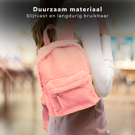 Cheqo® Luxe Kinderrugzak - Rugzak voor Kinderen - Rugtas voor Meisjes - Schooltas - Zachte Teddystof - Verstelbare Schouderbanden - Roze