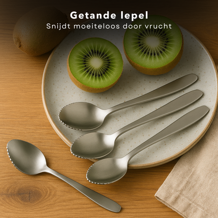 Cheqo® RVS Kiwi Lepel Set - Grapefruit Lepels - Fruitlepel - Fruitlepels met Gekartelde Rand - 3 Stuks
