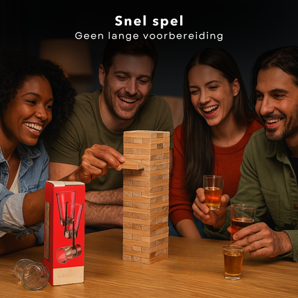 Cheqo® Drinkspel - Drankspel Voor Volwassenen - Gezelschapsspel - Houten Blokjes - Stapelspel - Spel Voor 2 - 4 Spelers - Gemiddelde Speeltijd 15 Minuten - Bouw De Toren - Vallende Toren - Shotglaasje Leegdrinken - 60 Houten Blokjes