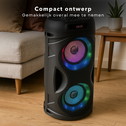 Cheqo® Bluetooth Party Speaker - Draagbare Speaker - Krachtig Geluid - RGB LED-Verlichting - Draadloze Verbinding - Bluetooth 5.3 - TWS-Functie - Multifunctioneel Afspelen - USB, Micro SD, AUX - FM-Radio - Lange Batterijduur - 10W Vermogen