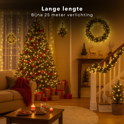 Cheqo® Kerstverlichting - Kerstlampjes - Kerstboomverlichting  - 1920 LED - Warm Wit - Verlichte Lengte 25 Meter - 8 Lichtfuncties - Automatische Timer - Binnen en Buiten - IP44 Adapter - Geheugenfunctie - Moderne Verlichting