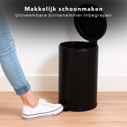 Cheqo® Pedaalemmer Keuken - Afvalemmer - Prullenbak - 12L Zwart - Ronde Afvalemmer Keuken - Stijlvol Design