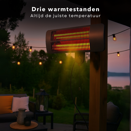 Cheqo® Terrasverwarmer Wandmodel – Infrarood Verwarming Buiten – Elektrische Patio Heater 2000W – Quartz Verwarmingsbuis – 3 Warmtestanden – Spatwaterdicht IP34 – Balkonverwarmer – Weersbestendig – Energie-efficiënt – Wandmontage
