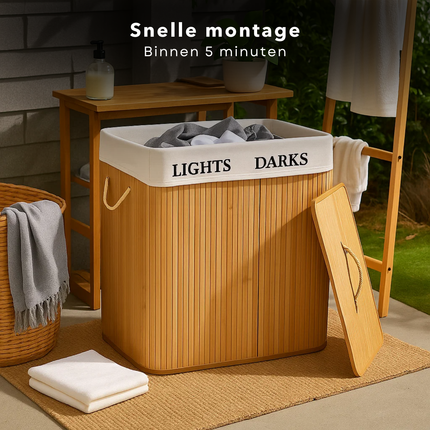 Cheqo® Wasmand met 2 Vakken - Wassorteerder - Bamboe Wasmand - Uitneembare Binnenzak - Afneembaar Deksel - 100 Liter Inhoud - Naturel Kleur - Wasmand met Deksel - Wasbare Binnenzak