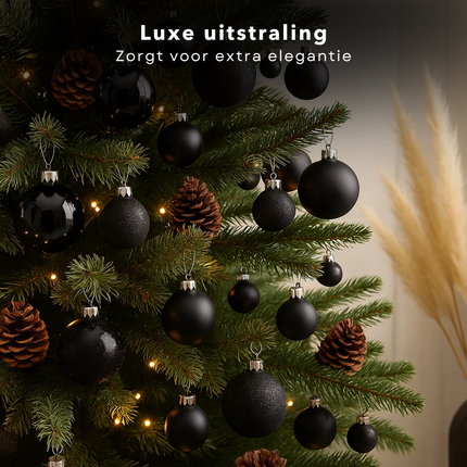 Cheqo® Kerstballen Set - 42 Stuks - Zwarte Kerstballen - Glazen Kerstballen - Moderne Kerstdecoratie - Matte Kerstballen - Glimmende Kerstballen - Glitter Kerstballen - Kerstboom Decoratie - Kerstballen Zwart