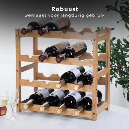 Cheqo® Bamboe Wijnrek - Flessenrek - Wijnmeubel - Wijnkast - Flessenhouder - Voor 16 Flessen - Naturel Gelakt