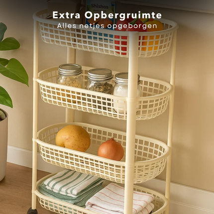 Cheqo® Keukentrolley Op Wielen - Verrijdbare Keukentrolley - 4 Lagen Trolley - Kunststof Trolley - Beige Keukentrolley - Opbergtrolley Met Manden - Keuken Opbergoplossing - Compacte Keukentrolley - Keuken Organizer - Badkamer Organizer