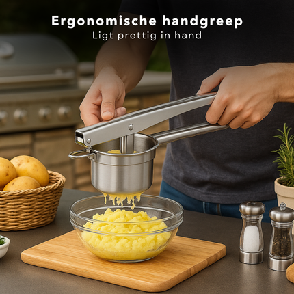 Cheqo® Aardappelpers RVS - Pureestamper - Aardappelpuree Maken - Met 3 Schijven - Eenvoudig Te Reinigen - Geschikt Voor Groenten En Fruit - 304 stainless steel - Hefboomwerking - Grof, Middel, Fijn Schijven - Multifunctionele Pers