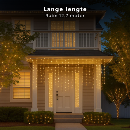 Cheqo® Ijspegel Lichtgordijn - 7.10 Meter - 360 LED's - Extra Warm Wit - Soft Wire - Kerstverlichting Buiten - Energiezuinige LED's - Spatwaterdicht IP44 - Binnen En Buiten - 8 Lichtfuncties - Groene Snoer - Lange En Korte Strengen - 3.6W Verbruik