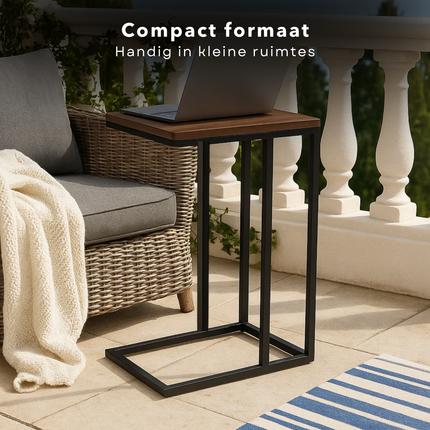 Cheqo® Bijzettafel Metaal En Hout - Banktafeltje - Zwart Metalen Frame - Bruin MDF Tafelblad - Makkelijk Aan De Bank Te Schuiven - Tafeltje - Industrieel Design - Bijzettafel Zwart En Bruin - Bijzettafel Woonkamer - Bijzettafel Modern