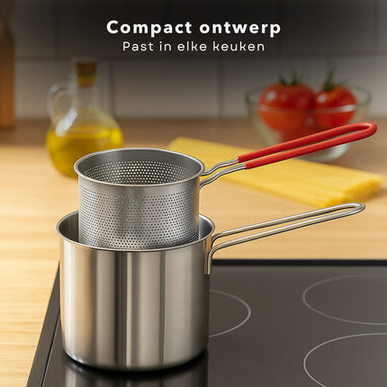 Cheqo® Frituurpan met Korf - Voor Fornuis - Frituur Pan - RVS - 1.2L - Geschikt Voor Gas - Inclusief Frituurmandje