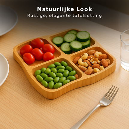 Cheqo® Bamboe Tapas Plank - Borrelplank - Serveerplateau - Tapasplank - Kaasplank - Vier Vakken - Ideaal voor Feestjes - Duurzaam Bamboe