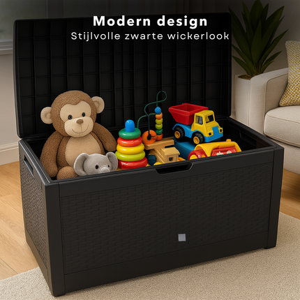 Cheqo® Opbergbox Tuin 310L – Tuinkussenbox met Deksel & Wielen – Kunststof Kussenbox Buiten – Zwarte Wickerlook – Weerbestendig – Verrijdbare & Afsluitbare Tuin Opbergkist – Duurzame Opbergbox Balkon & Garage
