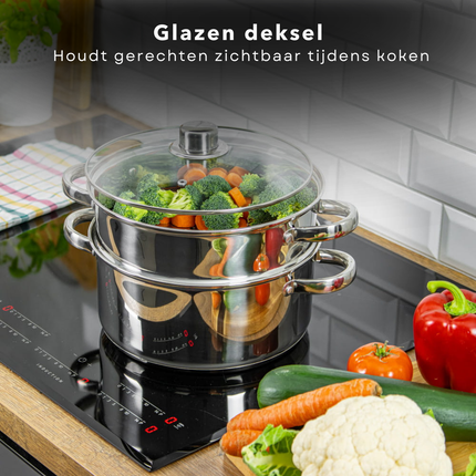 Cheqo® RVS Stoompan - Rijst- en Groentestomer - Handig voor Couscous en Rijst - 3-delig - Inductie - Ø 20 cm - Glazen Deksel