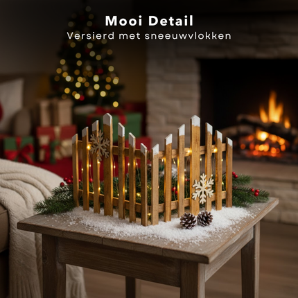 Cheqo® Kersthek Met LED Kerstverlichting - Houten Kersthek - Warm Wit LED - Automatische Timer - Kerstdecoratie Hek - LED Kerstverlichting - Kerstversiering Hout - Batterij - Decoratief Hek