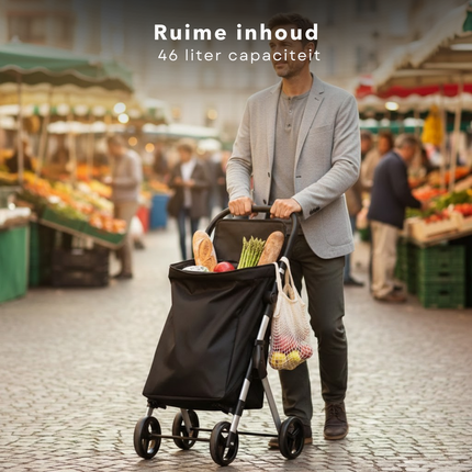 Cheqo® Boodschappentrolley - Boodschappenwagen - Boodschappenkar - Boodschappentrolley Opvouwbaar - Boodschappentrolley Met Wielen - Boodschappentrolley Zwart - Boodschappentrolley 4 Wielen