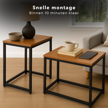 Cheqo® Industriële Bijzettafels Set - Bijzettafel Set - Bijzet Tafel - Salontafel Industrieel - Verstelbaar & In Elkaar Schuifbaar - MDF & Metaal