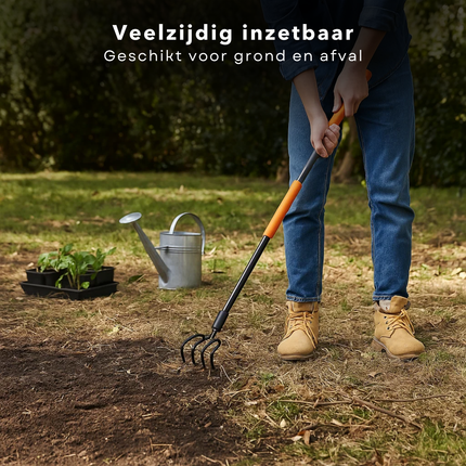 Cheqo® Tuinhark - Glasvezel Steel - Koolstofstaal Kop - 4-Tands Hark - Lichtgewicht Tuinhark - Duurzame Tuinhark - Comfortabele Grip - PVC Handgreep - Tuinieren Gereedschap - Bladeren Opruimen - Tuinafval Verwijderen - Grond Voorbereiden