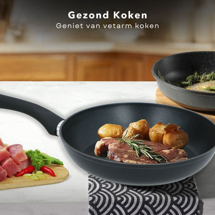 Cheqo® Grote Koekenpan 28 cm -  Voor Alle Warmtebronnen - Soft Touch Handgreep - Gelijkmatige Warmteverdeling - Pannen - Bakpan - Lange Levensduur Koekenpannen