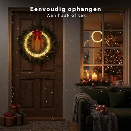 Cheqo® Kerstverlichting Cirkel - Warm Witte LED Lampjes - Ø36 cm Metaal - Spatwaterdicht IP44 - Timerfunctie Verlichting - Raamdecoratie Kerst - Tuinverlichting Cirkel - Buitenverlichting Wit - Hangende Cirkel Verlichting - 800 LED-Lampjes