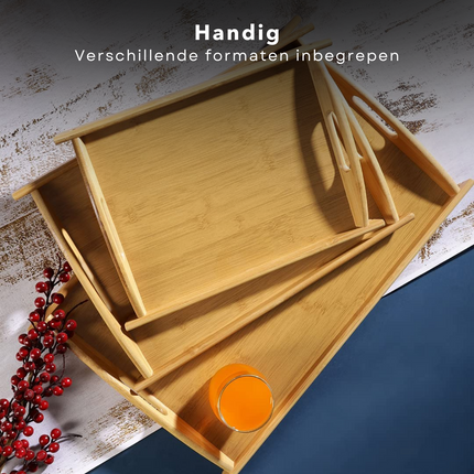 Cheqo® Bamboe Dienbladen Set - Serveerbladen Met Handgrepen - Set Van 3 Bamboe Serveerbladen - Dienblad Set - Bedtafel - Serveerblad