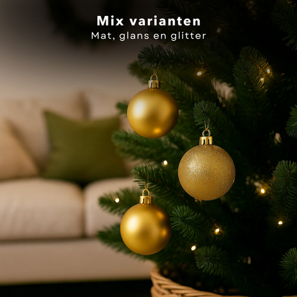 Cheqo® Kerstballen Set Goud - 70 Stuks Kerstballen - Kunststof Kerstballen - Opbergbox Inbegrepen - Mat Glanzend Glitter - Opbergdoos - Kerstversiering Goud - Kerstboom Decoratie - Gouden Kerstballen - Afsluitbaar Deksel