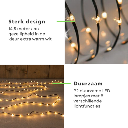 Cheqo® Kerstverlichting - Kerstboomverlichting - Kerstlampjes - 192 LED - 14.5M - Voor Binnen en Buiten - Timer - 8 Lichtfuncties - Lang Snoer - Extra Warm Wit - Sfeerverlichting - Feestverlichting - Op Batterijen