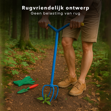 Cheqo® Tuinklauw met Lange Steel – Woelvork 95 cm – Grond Losmaken & Beluchten – Onkruidtrekker – Ergonomisch Tuin Gereedschap – 4 Tanden – Rugvriendelijk – Staal & Kunststof – Cultivator voor Hoveniers