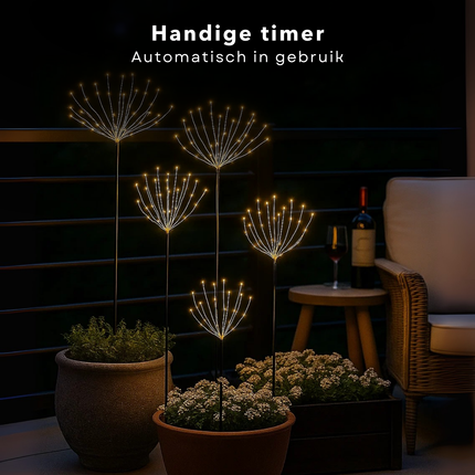 Cheqo® Tuinsteker Met Ledverlichting - Kerstverlichting Buiten - Kerstversiering Tuin - Verlichte Tuinstekers - Set Van 5 Tuinstekers - Warm Wit Licht - Adapter Met Timer - IP44 Geschikt Buiten - 225 Micro Led - Kerstdecoratie Buiten