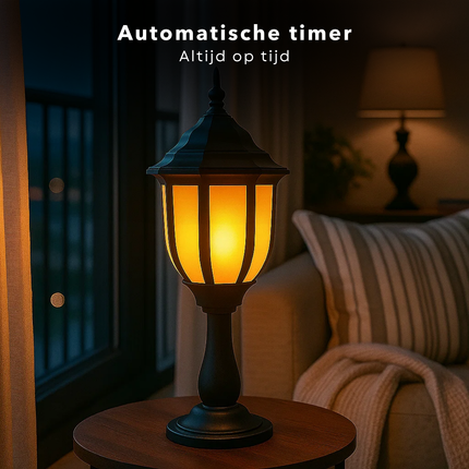 Cheqo® Lantaarn Met Vlameffect - Sfeervolle Kerst Lantaarn - Realistisch Vlameffect - Kunststof Lantaarn - Timer Functie - 48 cm Hoog - Voor Binnenshuis - LED Verlichting - Op Batterijen - Op Batterijen - 6 Uur Aan